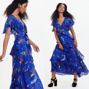 TANYA TAYLOR Janelle blue floral silk tiered burnout maxi dress